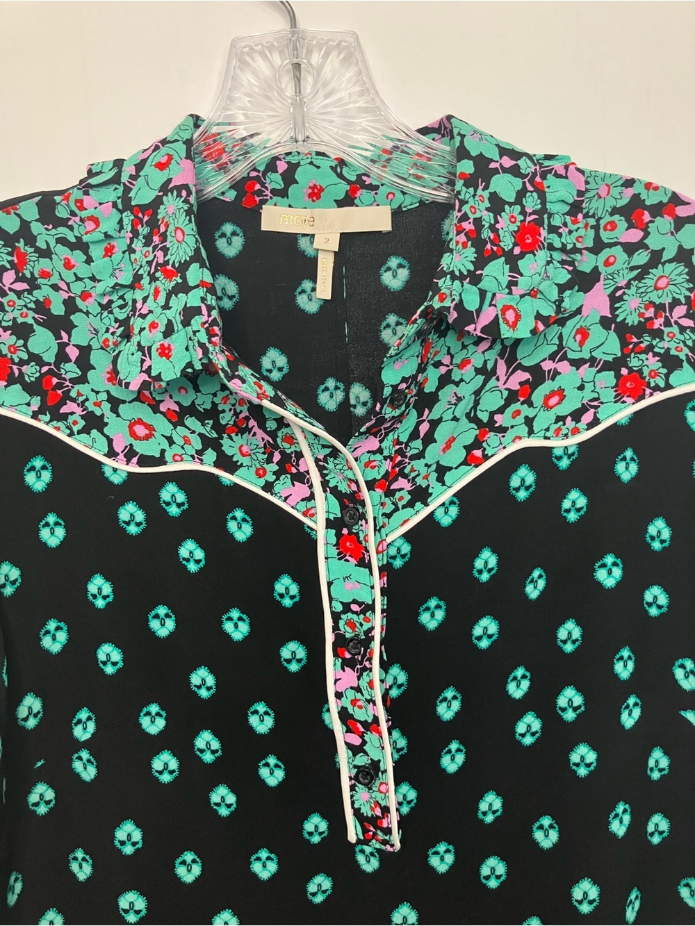 Maje Mini Dress US Sz Medium Black Green Romani Floral Print Short Sleeves Indie - Picture 3 of 6